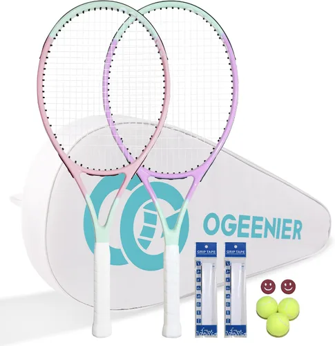 Vista 9 de OGEENIER Juego de 2 raquetas de tenis para adultos, 27 pulgadas preencordadas para principiantes, juego de raquetas de tenis de aluminio ligeras