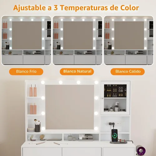 Vista 4 de Escritorio de tocador con espejo y luces, mesa de tocador de maquillaje con 6 cajones y 3 estantes de almacenamiento, toma de corriente y taburete