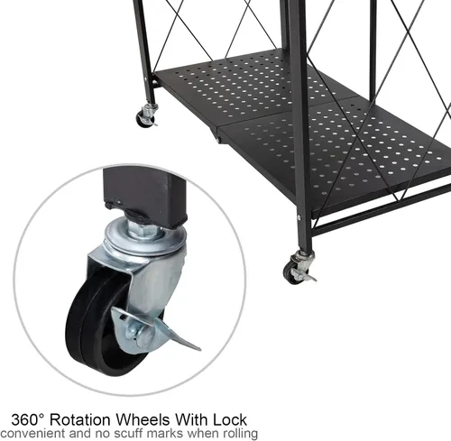 Vista 6 de Muichi Estante plegable de 3 niveles, estantes plegables con ruedas, estantes plegables, unidad de estantería de metal, organizador