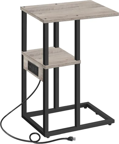 Vista 10 de TUTOTAK - Mesa auxiliar en forma de C con estación de carga, mesa lateral, mesa de sofá para espacios pequeños, bandeja de TV con 2 puertos USB