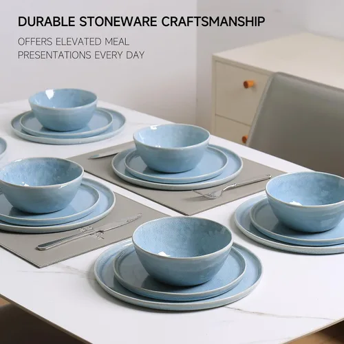 Vista 5 de Farrar 18 Piece Water Ripple Design Stoneware Dinnerware Sets，service For 6, Blue Beige