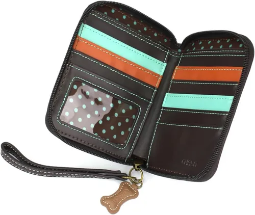 Vista 5 de Chala Cartera de piel vegana con cremallera alrededor con correa para la muñeca, Bulldog Francés - Ciruela, Cartera de pulsera