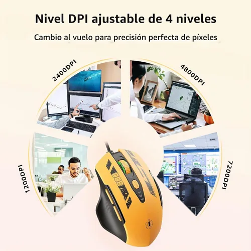 Vista 5 de Uineer Ratón para juegos con cable, ratón USB-A con 6 botones programables 2-Amarillo