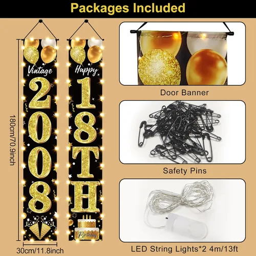 Vista 2 de Cartel de fiesta de cumpleaños número 18 con luces LED para hombres y mujeres - Carteles de puerta de cumpleaños número 18 en negro y dorado vintage