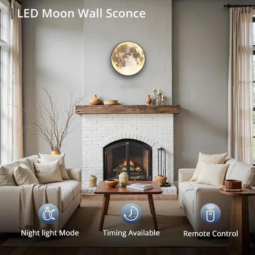 Vista 2 de Lámpara de pared de luna regulable de 9.5 pulgadas con control remoto, moderna lámpara de pared LED enchufable, lámpara de pared negra de 12 W