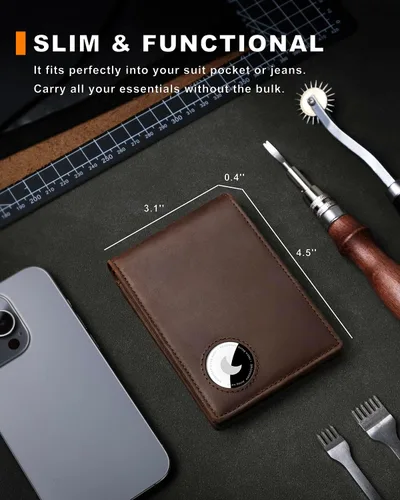 Vista 12 de Billetera AirTag para hombre, de piel auténtica plegable con bloqueo Rfid AirTag con ranuras para efectivo y ventana de identificación, compatible