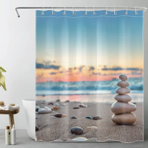 Vista 16 de LB Cortina de ducha asiática de piedra zen, cortina de ducha japonesa para baño, cortinas de baño de tela negra de 48 x 72 pulgadas con ganchos