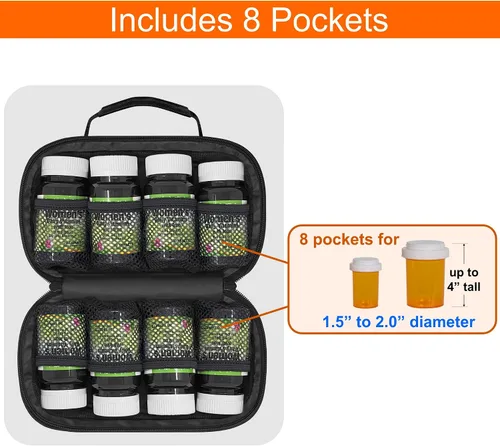 Vista 2 de Pequeño organizador de botellas de píldoras para viajes, bolsa de medicamentos, portador para medicamentos recetados - negro