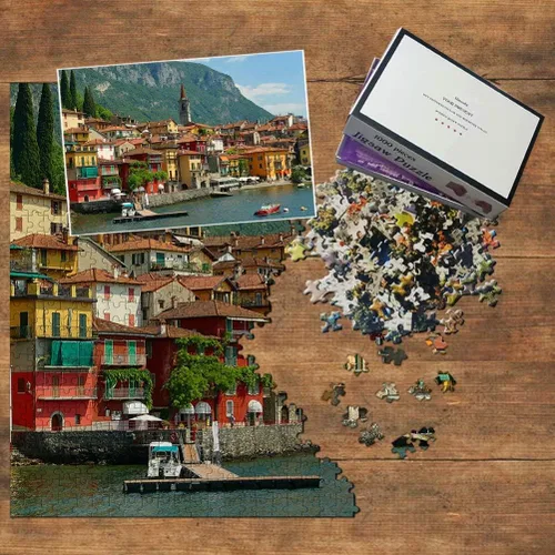 Vista 3 de Varenna Lake Como, Italia, rompecabezas de 1000 piezas, recuerdo de viaje de madera