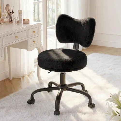 Vista 6 de Homkdom Silla de tocador con ruedas, bonita silla de escritorio con respaldo de lazo, silla de oficina pequeña de piel de conejo sintética esponjosa