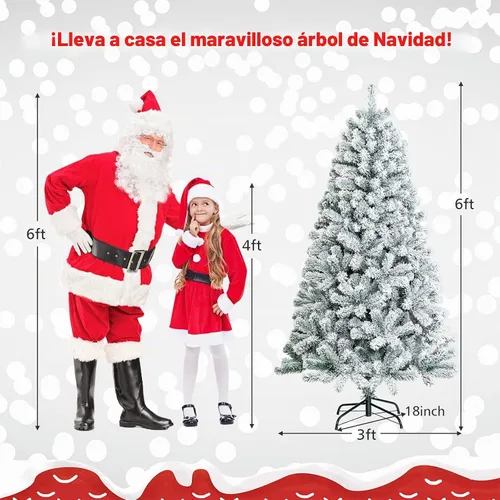 Vista 3 de COSTWAY Árbol de Navidad flocado de nieve de 6 pies, pino artificial con bisagras Blanco
