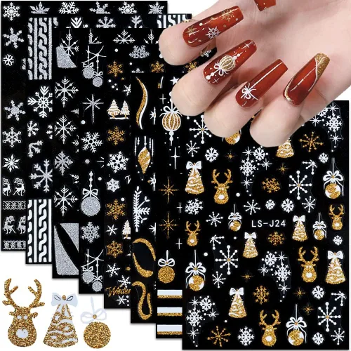 Vista 9 de Calcomanías de uñas de Navidad, calcomanías de uñas de invierno 3D, autoadhesivas, coloridas, cadena de luces, árbol de Navidad, reno, diseño