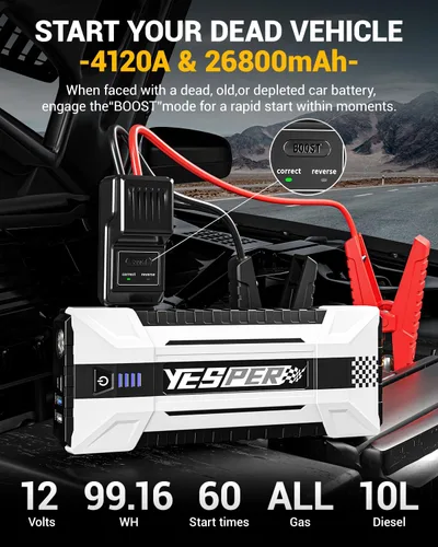 Vista 2 de YESPER 4120A Arrancador de Batería Portátil, Arrancador de Batería de Coche de 12V (Todo Gas, hasta 10.0L de Motor Diesel), Paquete de Impulso