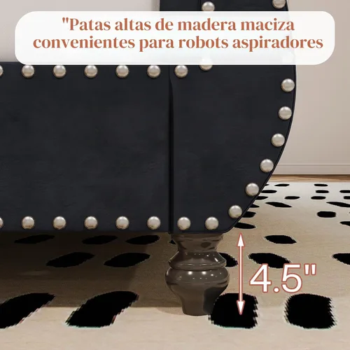 Vista 6 de Jocisland - Base de cama estilo carruaje tamaño Queen, cama de plataforma tapizada en terciopelo con cabecero y pie de cama con estampado de scroll