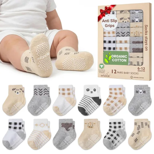 Vista 16 de GOTS Mezcla de Algodón Orgánico 12 Pares Calcetines Zapatos Bebés 0-6 M Negro