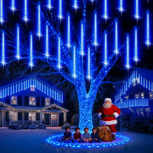 Vista 9 de PEMOTech Luces de lluvia de meteoritos para exteriores, 38.5 pies, 15 tubos de 11.8 pulgadas, 540 luces LED de Navidad al aire libre, luz