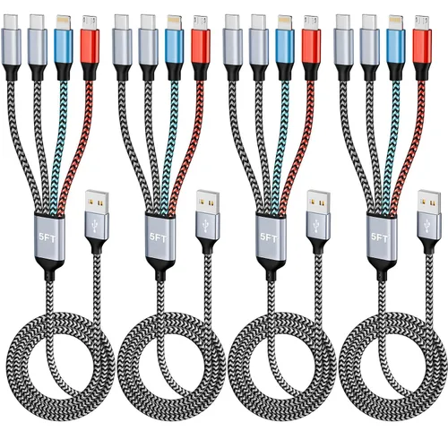 Vista 21 de Cargador de teléfono de 90 grados, cable de carga múltiple 4 en 2, cable USB C CarPlay con doble tipo C, micro USB, puerto IP, cable USBC de nailon