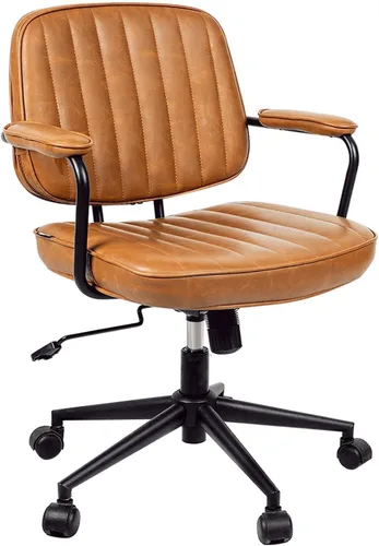 Vista 8 de Silla de oficina moderna de mediados de siglo, silla de escritorio ergonómica de piel sintética con ruedas y brazos, silla giratoria ajustable