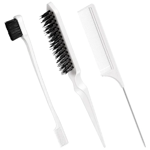 Vista 22 de Geiserailie Juego de 3 cepillos para cabello peinado hacia atrás, cepillo de cerdas, control de bordes, peine para desenredar para cabello negro