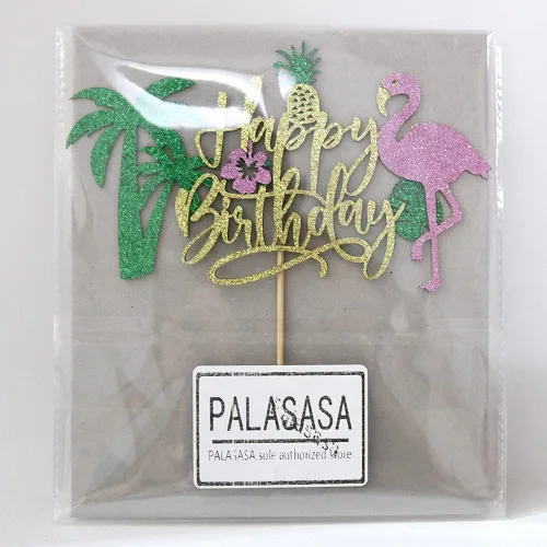 Vista 3 de PALASASA Decoración para tartas de cumpleaños con flamenco con purpurina, temática hawaiana de piña tropical Luau para niños y niñas, suministros