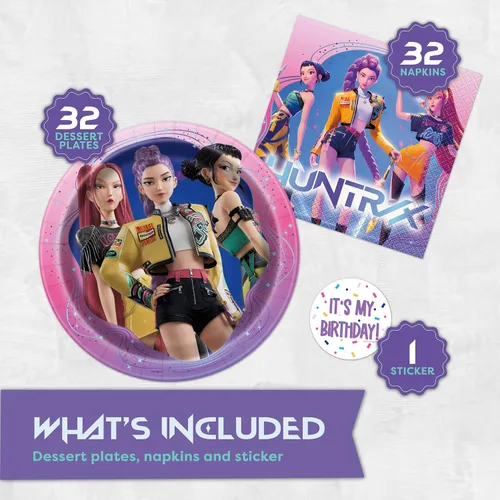 Vista 3 de Platos y servilletas KPop - Paquete de 32 Tamaño de postre Decoraciones de cumpleaños de KPop Demon Hunters Decoraciones de fiesta de K Pop