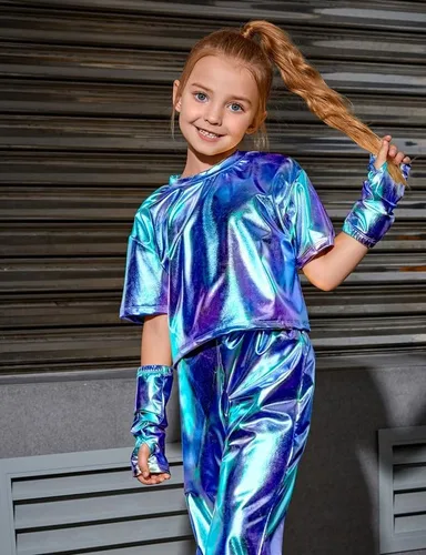 Vista 4 de Perfashion Camisas metálicas para niñas con mangas de brazo, top corto brillante para baile, raves, festivales, disfraces de 4 a 15 años