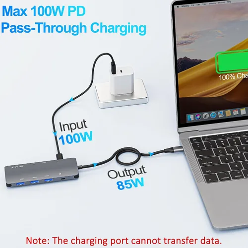 Vista 5 de Hub USB C de 10 Gbps, divisor USB C con pantalla de video de 4K a 60 Hz, carga de entrega de energía de 100 W, adaptador multipuerto USB 4 Hub
