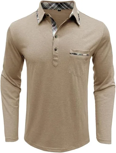 Vista 2 de Aulemen - Camisas polo de manga larga para hombre casuales con botones, absorbentes de humedad, de algodón, elegantes, camisetas para golf