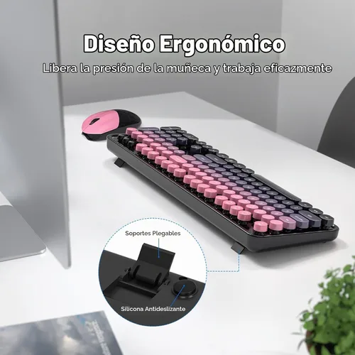 Vista 3 de MOFII Combo de teclado y mouse inalámbricos, teclado retro con teclas redondas de colores, conexión USB Plug Play de 2.4 GHz para PC, laptop