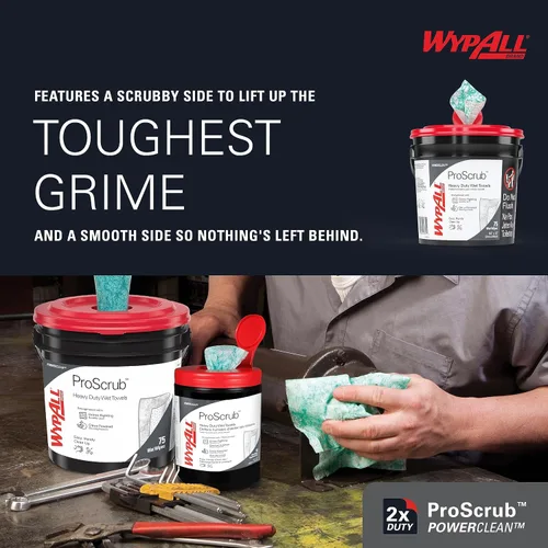 Vista 6 de WypAll PowerClean ProScrub Toallas Húmedas de Trabajo Pesado (91371), Limpieza de Doble Acción, Toallitas Grandes de 9.5" x 12" Pulgadas, Cubo
