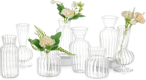 Vista 8 de Juego de jarrones de botones de vidrio transparente moderno: Glasseam 4 piezas de jarrones pequeños de flores para centros de mesa hechos a mano