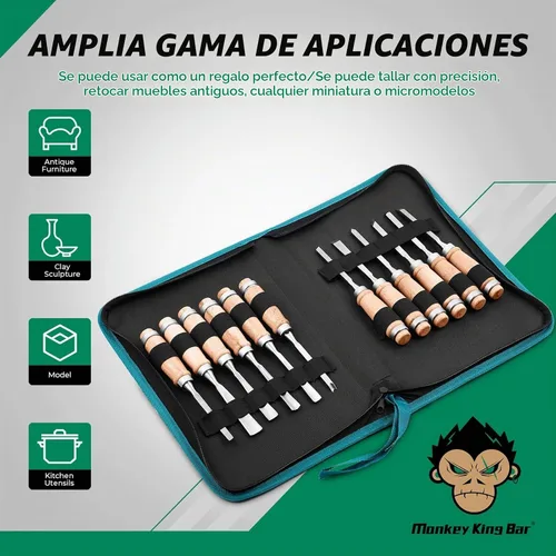 Vista 3 de Monkey King Bar -Juego de cinceles de tallado de madera de 12 piezas- Herramientas afiladas para carpintería con almacenamiento de estuche