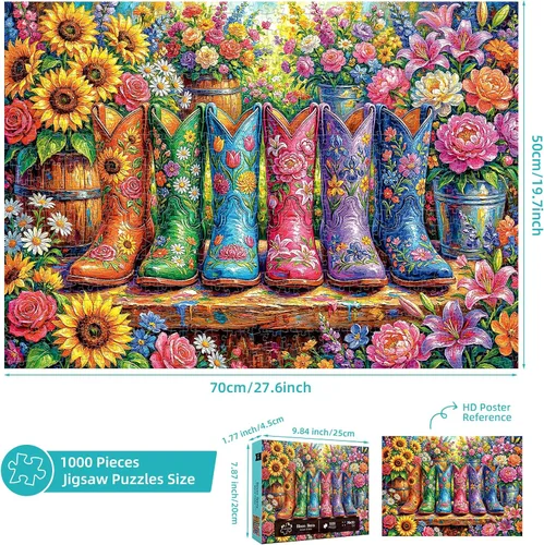 Vista 2 de Rompecabezas de 1000 piezas para adultos, rompecabezas de botas de flores coloridas, rompecabezas de jardín de botas florales de plantas