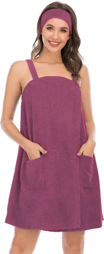 Vista 74 de Veseacky Toalla de baño para mujer con bolsillo, bata de spa ajustable y diadema facial
