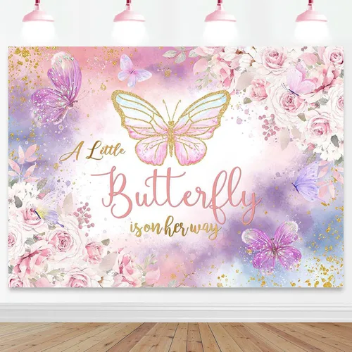 Vista 7 de Mocsicka Telón de fondo floral de mariposa para baby shower, acuarela rosa y morado floral, A Little Butterfly is On Her Way Girl Baby Shower