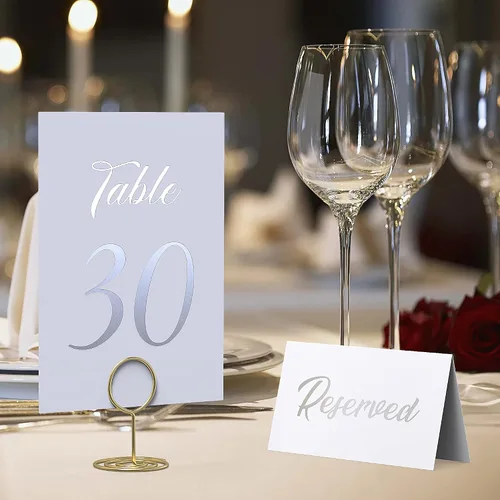 Vista 8 de Paquete de 10 letreros de mesa reservados plateados para bodas, fiestas, restaurantes y mesas plateadas, números del 1 al 30 para recepción de boda