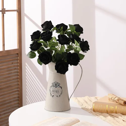 Vista 5 de Hawesome Rosas artificiales de seda – 12 piezas de rosas negras artificiales con tallos para decoración del hogar, boda, centro de mesa, hotel