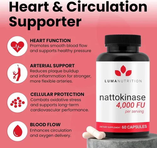 Vista 7 de Luma Nutrition Suplemento de Nattokinase - Natto 4000 FU por porción, soporte premium para la salud del corazón - Vegano y sin gluten - 60 cápsulas