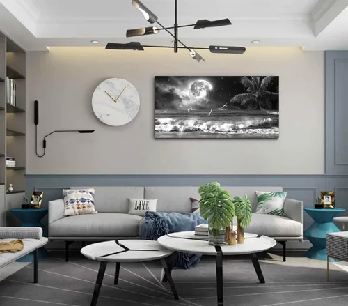 Vista 5 de Yxbhhym Arte de Pared Grande en Blanco y Negro de Playa Impresión en Lienzo Arte de Luna Océano Cuadros Pinturas del Mar Póster de Paisaje Marino