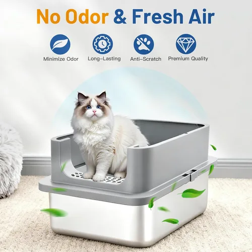 Vista 4 de Jotesnew Paquete de 2 Cajas de Arena para Gatos de Acero Inoxidable XL con Tapa y Lados Altos, 24" L x 16" A x 12" Al Cajas de Arena de Metal Extra