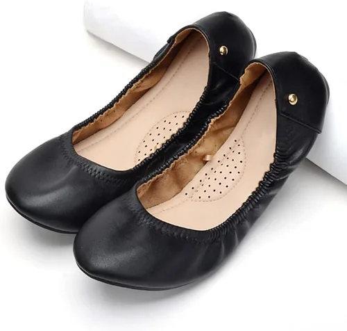 Vista 3 de KUNWFNIX Women Ballet Flats PU Leather Foldable Ladies Comfort Round Toe Slip on Flats Low Wedge Casual Dress Flat Shoes