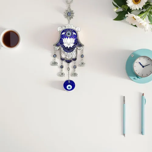 Vista 5 de Amuleto de mano Hamsa azul turco para colgar en la pared, diseño retro, CL06