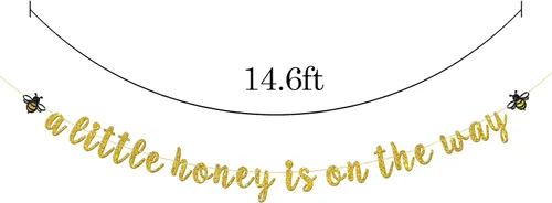 Vista 2 de Cartel con texto en inglés "A Little Honey is on The Way" con purpurina dorada con temática de abejorros y abejas, revelación de género, decoración