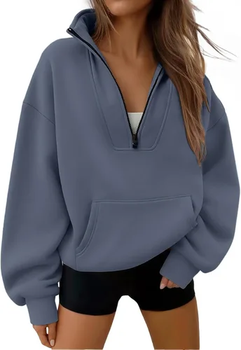 Vista 9 de Trendy Queen - Sudaderas con medio cierrey capucha de gran tamaño, comoda, extragrande, para otoño, Y2K, ropa de invierno, 2024 Gris