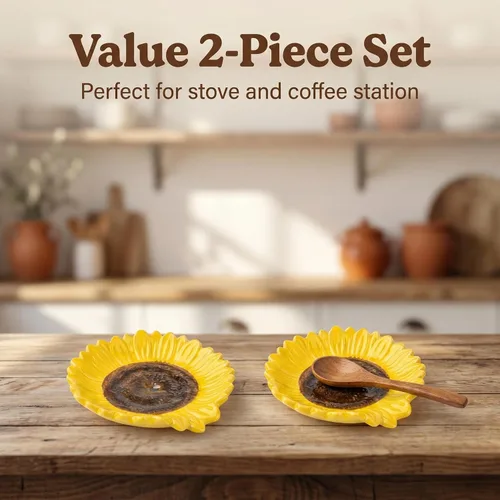 Vista 2 de Soporte de cuchara de cerámica en forma de girasol - 2 piezas para estufa y mostrador Bright sunflower design adds farmhouse charm while