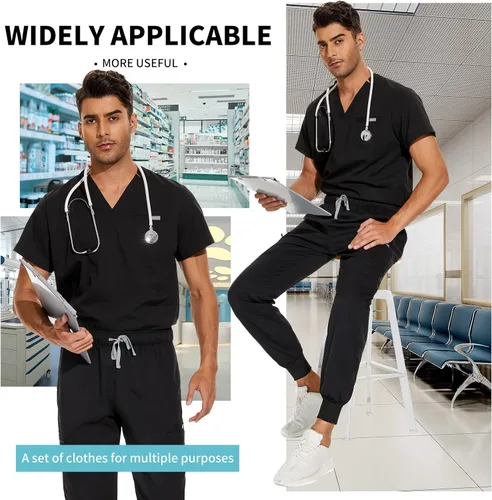 Vista 2 de VIAOLI Conjunto de ropa quirúrgica para hombre con cuello en V y pantalón deportivo de 8 bolsillos para enfermería, conjuntos de uniformes médicos
