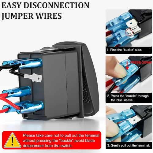 Vista 3 de Interruptor basculante de luces de conducción, SPST interruptor de palanca grabado con láser de 5 pines con LED azul y cables de puente, 12 V/24 V