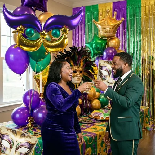 Vista 5 de Kit de arco de guirnalda de globos de Mardi morado, verde y dorado con cortina de flecos, máscara de corona de estrella y globos de máscara