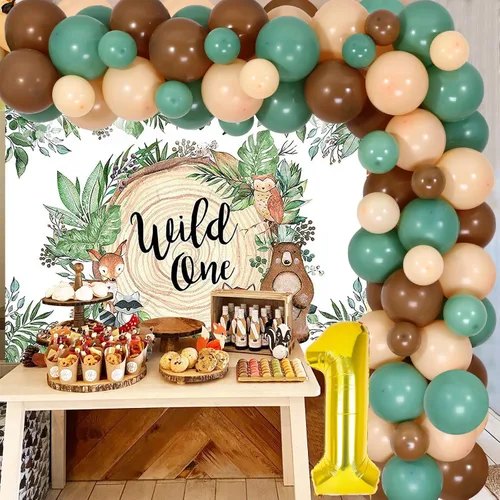 Vista 5 de Woodland - Kit de arco de guirnalda de globos con telón de fondo para animales del bosque, criaturas del bosque, suministros de primera fiesta