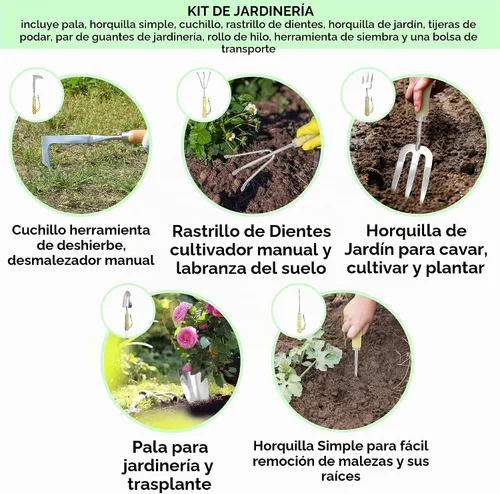 Vista 5 de Juego de herramientas de jardín – Herramientas de mano de jardinería de acero inoxidable premium con mango de madera de haya maciza – Kit